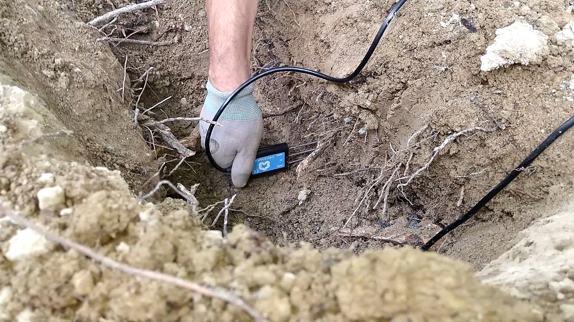 Instalación de sensor Prismab AT32 en la pared de una calicata de suelo