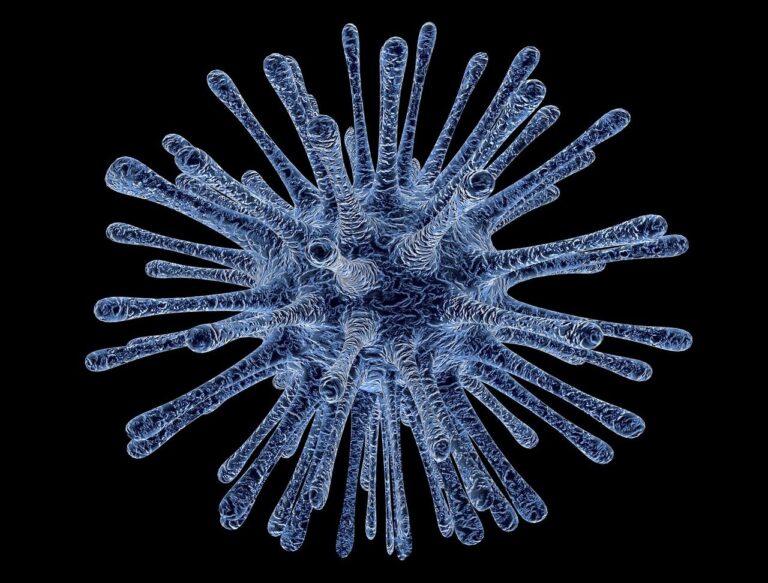 Modelo 3D de virus con espículas azules sobre fondo negro