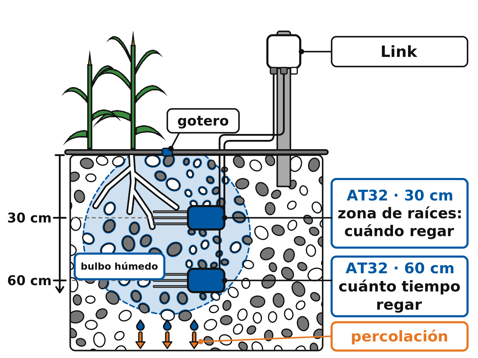 Perfil de suelo de un cultivo extensivo con dos sensores AT32 a 30 y 60 cm conectados a un transmisor Link